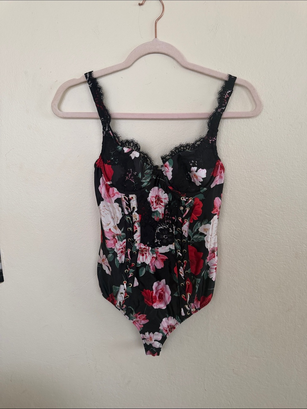 NWT Victoria Secret Floral Lace-Trim Bodysuit - Black with Pink & Red Roses XS